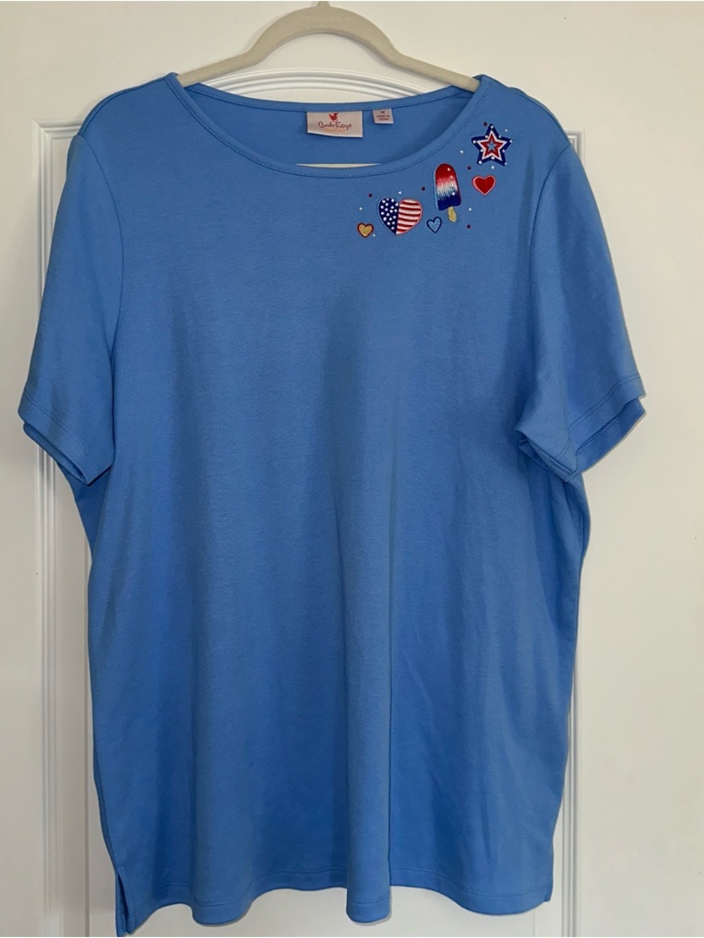 Quacker Factory Light Blue Tee with Embroidered Patriotic Heart & Popsicle Motif